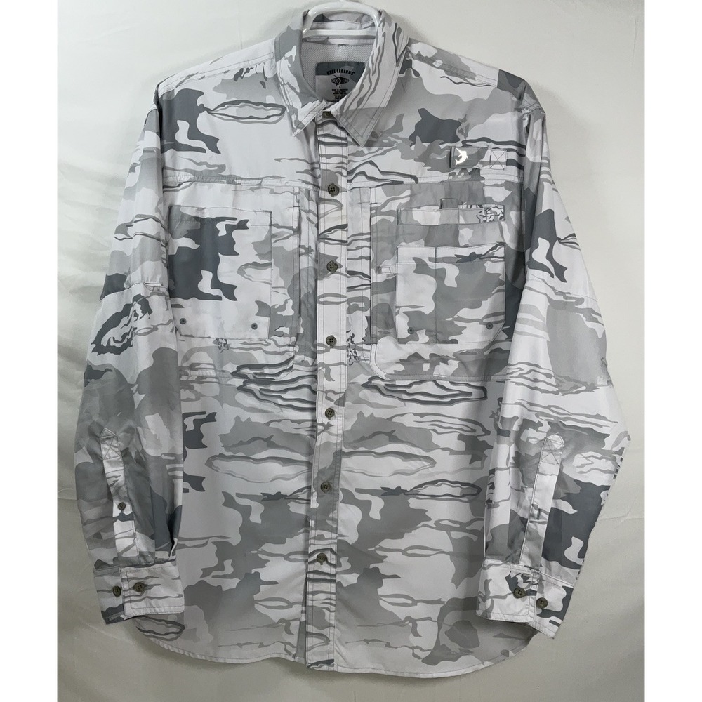 Men's Reel Legends‎ Gray & White Camo Long Sleeve Vented Fishing Shirt Large